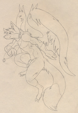 animal_genitalia anthro balls feathered_wings feathers flying fully_sheathed genitals male nude sheath solo tail wings shiroepsilon canid canine fox mammal black_and_white monochrome sketch source_request traditional_media_(artwork)
