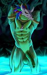abs anthro armpit erection feathers foreskin genitals glowing_water hands_behind_head hi_res iudicium86 male mask muscular nipples penis pool reptile scalie skull_mask solo tattoo terraria tribal water witch_doctor_(terraria)