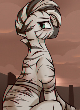 alternate_universe bandage black_mane female feral looking_back mane multicolored_mane scar solo striped_body stripes teal_eyes white_body white_mane whitepone fallout fallout_equestria hasbro microsoft my_little_pony fan_character xenith_(fallout_equestria) equid equine mammal zebra crossover hi_res