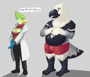 anthro areola areola_slip barefoot beak belly boots boxers_(clothing) breasts cleavage cleavage_cutout clothed clothing coat cutout doctor duo eyelashes feathers feet female footwear gloves handwear keyhole_turtleneck male non-mammal_breasts shoes sweater text toes topwear turtleneck underwear fishboner_(artist) chucklefish starbound crinaia avian avian_(starbound) bird character_request digital_media_(artwork) english_text hi_res