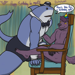 anthro barazoku birthday blush bow_tie boxers_(clothing) bulge clothed clothed_anthro clothing cuffs_(clothing) detachable_collar dialogue duo hair hat headgear headwear lapdance male male/male party_hat purple_body ring size_difference slim speech_bubble text underwear yellow_eyes pookashifts epic_games fortnite pooka_(pookashifts) safety_first_steve_(fortnite) aquatic fish goo_creature shark 1:1 2025 artist_name colored dated digital_drawing_(artwork) digital_media_(artwork) english_text handwritten_text hi_res shaded signature