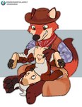 anus balls body_writing clothed clothing cowboy_hat duo fully_clothed furgonomic_hat furgonomic_headwear furgonomics genitals hat headgear headwear holding_another male male/male onesie pawpads paws penis penis_tip upside_down kuuneho disney zootopia finnick_(zootopia) nick_wilde canid canine fennec_fox fox mammal true_fox better_version_at_source hi_res