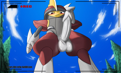 balls blush camera_view cloud erection genitals grey_penis humanoid_genitalia humanoid_penis looking_at_viewer looking_down low-angle_view male not_furry outside penis plant recording sky solo text tree worm's-eye_view oscar_the_purrloin oscars_den nintendo pokemon bisharp generation_5_pokemon humanoid pokemon_(species) 2015 english_text