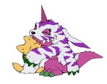 animal_skin claws fur horn hug pink_body plushie simple_background striped_body striped_fur stripes white_background koma_ookami bandai_namco digimon digimon_(species) psychemon