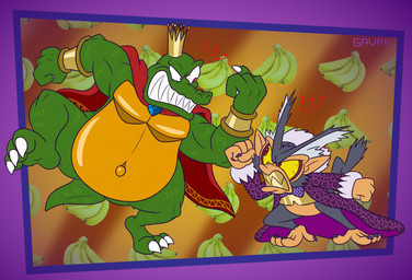 abstract_background angry anthro armor banana bloodshot_eyes bow_tie cape claws clenched_teeth clothing crown cuff_(restraint) duo feet fist fluffy_coat food fruit fur gold_(metal) gold_armor gold_cuffs gold_shirt gold_tooth green_body green_scales grey_body grey_fur headgear male metal_cuffs multicolored_body multicolored_fur one_leg_up overweight plant prehensile_feet raised_leg restraints scales sharp_teeth short size_difference teeth toes toony two_tone_body two_tone_fur yellow_eyes gavanzude donkey_kong_(series) donkey_kong_bananza nintendo king_k._rool void_kong alligator alligatorid callitrichid crocodilian haplorhine mammal marmoset monkey new_world_monkey primate reptile scalie alternate_version_at_paywall digital_drawing_(artwork) digital_media_(artwork) hi_res signature