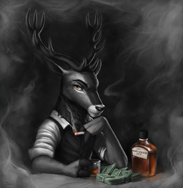 alcohol anthro beverage cigarette clothed clothing container cup fingers fur holding_cigarette holding_object hooved_fingers hooves horn light looking_at_viewer male money shirt smoke solo topwear whiskey s1m deer mammal 2021 hi_res lighting shaded spot_color
