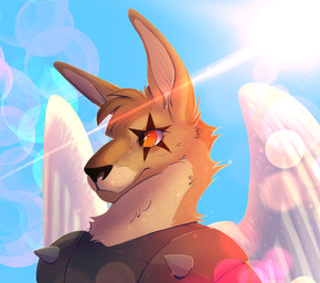 anthro armor brown_eyes facial_markings feathered_wings feathers head_markings lens_flare male markings orange_eyes solo wearing_armor wings thecarmenstar taistelugo_(bonkmaykr) kangaroo macropod mammal marsupial absurd_res hi_res