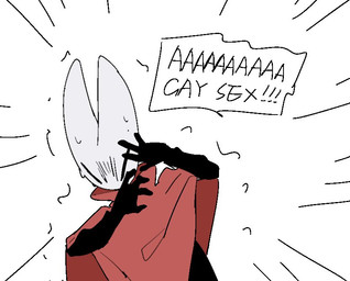2_horns 4_fingers ambiguous_gender black_body bodily_fluids cloak clothed clothing covering covering_face dialogue eyes_closed fingers horn red_cloak red_clothing shaking simple_background solo speech_bubble speed_lines sweat sweatdrop text trembling white_background white_body katatsumu_ktkt hollow_knight_(franchise) team_cherry hornet_(hollow_knight) arachnid arthropod humanoid insect spider 2025 english_text female_(lore)