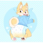 ambiguous_gender anthro blue_clothing blue_hoodie blue_topwear blush blush_lines bodily_fluids brown_nose brown_pawpads cheek_tuft clothed clothing curled_tail diaper dotted_background ear_tuft embarrassed exclamation_point facial_tuft fur genital_fluids head_tuft hoodie looking_back open_mouth pattern_background pawpads pawprint_clothing pawprint_diaper pink_pawpads raised_tail rear_view simple_background sitting smile solo tail topwear tuft unclean_diaper urine used_diaper wearing_diaper wet_diaper wetness_indicator yellow_body yellow_fur jupiters tiggy_(orym) canid canine canis domestic_dog mammal shiba_inu spitz 2025 absurd_res hi_res letterbox