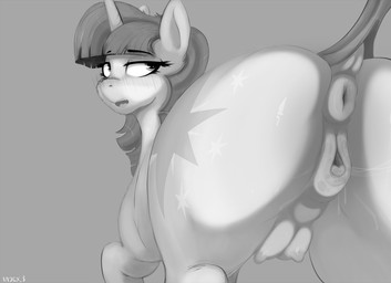 animal_genitalia animal_vulva anus blush bodily_fluids butt clitoral_winking clitoris crotch_breasts cutie_mark equine_anus equine_genitalia equine_vulva female feral genital_fluids genitals horn looking_back nipples nude open_mouth puffy_anus simple_background solo tail teats vaginal index_3 friendship_is_magic hasbro my_little_pony mythology twilight_sparkle_(mlp) equid equine horse mammal mythological_creature mythological_equine pony unicorn digital_media_(artwork) hi_res monochrome