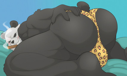 anthro black_body black_fur clothing fur male muscular muscular_ass muscular_legs smoking solo thong underwear white_body white_fur tylerstark beastars do_you_find_men_with_big_butts_attractive gouhin_(beastars) bear giant_panda mammal hi_res