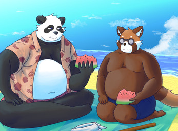 anthro beach belly big_belly black_body black_nose bottomwear brown_body clothed clothing cloud detailed_background duo eating eyewear food fruit glasses humanoid_hands kemono male melon moobs navel open_clothing open_shirt open_topwear outside overweight overweight_male plant seaside shirt shorts sitting topwear tropical water watermelon watermelon_slice white_body bari_mu ailurid bear giant_panda mammal red_panda 2022 hi_res