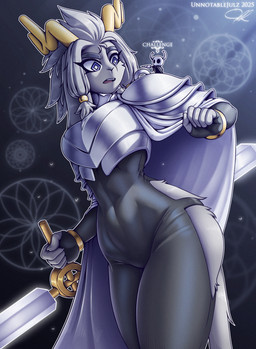 accessory ambiguous_gender anthro antlers armor black_background black_cape black_clothing black_eyes black_leotard bracelet breast_armor cape clothing diamond_eyes dream_breaker_(pseudoregalia) duo eyebrows eyelashes female fur grey_body grey_fur grey_hair hair hair_accessory hair_ring holding_melee_weapon holding_object holding_sword holding_weapon horn humanoid_hands jewelry leotard light melee_weapon nail_(weapon) open_mouth outline pattern_background purple_eyes shadow shoulder_pads simple_background sword tail teeth text thick_eyebrows tongue turning_head weapon white_cape white_clothing white_outline yellow_horn unnotablejulz hollow_knight_(franchise) pseudoregalia team_cherry sybil_(pseudoregalia) the_knight_(hollow_knight) ambient_arthropod ambient_firefly ambient_insect arthropod bovid caprine goat jackalope lagomorph mammal vessel_(species) 2025 artist_name crossover dated english_text hi_res signature
