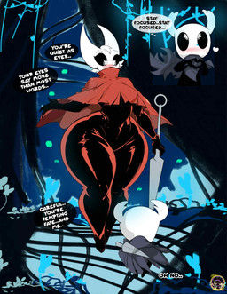 2_horns ambiguous_gender anthro biped black_body black_sclera black_text blush cheek_tuft cloak_only detailed_background dialogue duo ellipsis facial_tuft featureless_crotch female finger_heart head_tuft heart_symbol holding_object holding_weapon horn huge_hips huge_thighs hyper hyper_hips imminent_incest looking_down looking_down_at_another looking_up_at_partner melee_weapon nail_(weapon) seductive speech_bubble talking_to_another text thick_thighs tuft weapon weapon_on_back white_eyes white_text wide_hips inkit89 hollow_knight_(franchise) team_cherry hornet_(hollow_knight) the_knight_(hollow_knight) arachnid arthropod spider vessel_(species) 2025 english_text hi_res half_sister_(lore) sibling_(lore) sister_(lore)