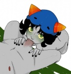 black_hair blush clothing duo erection fellatio female female_penetrated genitals hair hat headgear headwear horn kneeling looking_at_viewer male male/female male_penetrating male_penetrating_female not_furry nude oral oral_penetration penetration penile penis sex unknown_artist homestuck ms_paint_adventures karkat_vantas nepeta_leijon alien alien_humanoid horned_humanoid humanoid troll_(homestuck) hi_res