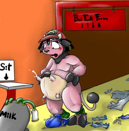 after_transformation black_body black_fur black_hair blush bodily_fluids chair clothing dairy_farm diagram ear_piercing ear_tag farm female feral fur furniture gender_transformation grabbing_udders hair hat headgear headwear hooves horn inside lactating leaking_milk machine milk milking_machine mtf_transformation nipples nude open_mouth piercing pink_body pink_fur shocked solo sweat tail tail_orb tan_body tan_fur teats text torn_clothing transformation transformation_sequence udder_lactation udders kanada nintendo pokemon ash_ketchum bovid bovine cattle generation_2_pokemon mammal miltank pokemon_(species) english_text hi_res story story_in_description