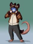 anthro barefoot biped black_hair blue_body blue_fur brown_eyes buckteeth claws clothed clothing eyewear feet front_view fur glasses grin hair hoodie long_tail male paws simple_background slacks smile solo standing tail teeth toe_claws toes topwear white_body white_fur eevachu aster_rhodes_ravier hyena mammal mouse murid murine rodent spotted_hyena 2018 digital_media_(artwork) hi_res