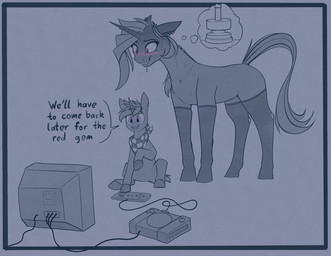 age_difference blush bodily_fluids clothing controller dialogue drooling duo ear_piercing electronics female feral game_controller gaming genital_fluids hair hockless_socks horn imminent_sex jewelry kerchief larger_female legwear male male/female neckerchief neckwear older_female piercing raised_tail saliva scarf simple_background sitting size_difference smaller_male smile standing stockings tail television text vaginal_fluid_string vaginal_fluids young younger_male stray_prey hasbro my_little_pony mythology playstation sony_corporation sony_interactive_entertainment acidia_(that1persn) fan_character lucent_(oc) equid equine horse mammal mythological_creature mythological_equine pony unicorn 2025 absurd_res digital_drawing_(artwork) digital_media_(artwork) english_text hi_res
