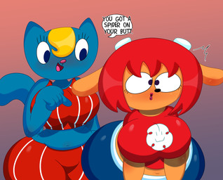 anthro belly bent_over big_breasts big_butt blonde_hair blue_body blue_eyes blue_fur bottomwear breasts brown_body brown_fur butt clothing crop_top curvy_figure dialogue duo eyelashes female fingers fur gesture hair hand_gesture horn hourglass_figure huge_breasts huge_butt lips midriff navel pants pointing red_hair shirt simple_background slightly_chubby smile standing surprised text thick_thighs tongue topwear voluptuous wide_hips 3barts parappa_the_rapper sony_corporation sony_interactive_entertainment um_jammer_lammy katy_kat lammy_lamb bovid caprine domestic_cat felid feline felis mammal sheep 2020 absurd_res digital_media_(artwork) english_text hi_res