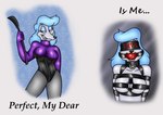 anthro ball_gag bdsm black_nose blindfold blue_hair bondage bound breasts clothed clothing dominatrix female fur gag hair smile smirk solo teeth text white_body white_fur folwilliar disney oliver_and_company georgette_(disney) canid canine canis domestic_dog mammal poodle 2024 english_text