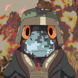 ambiguous_gender anthro armor blue_body digital_camo explosion fire headgear helmet humor military ptsd soldier solo thousand_yard_stare warrior taphen bandai_namco digimon digimon_beatbreak commandramon digimon_(species) scalie 1:1 absurd_res hi_res