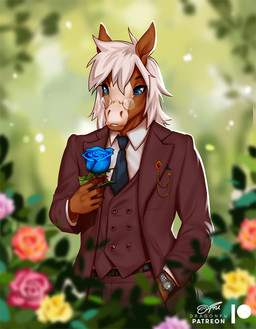 anthro black_necktie blue_eyes blue_rose blurred_background classy clock clothed clothed_male clothing collared_shirt dress_shirt eyewear flower fully_clothed fully_clothed_male gem glasses hair hand_in_pocket holding_flower holding_object holding_rose lapel_pin looking_at_object male medium_hair necktie patreon_username plant pockets red_clothing red_suit red_suit_jacket rose_(flower) ruby_(gem) shirt solo standing suit suit_jacket suit_pants text topwear vest watch white_dress_shirt white_hair wristwatch dragonfu equid equine horse mammal 2022 artist_name character_request portrait