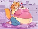 anthro belly big_belly big_breasts breasts cake clothed clothing dessert eating eating_food female food heart_symbol huge_belly huge_breasts hyper hyper_belly hyper_pregnancy kneeling pillow pregnant solo tail tail_motion tailwag papa_soul creme_(creme-bean) canid canine canis domestic_dog mammal hi_res