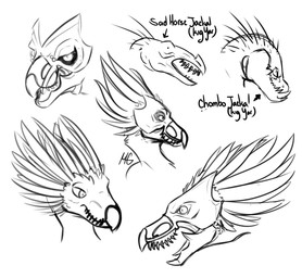 ambiguous_gender anthro beak fangs feather_hair feathered_crest feathers head_crest pseudo_hair pupils quill_hair sharp_teeth simple_background slit_pupils teeth text meltyafacesauce halo_(series) microsoft xbox_game_studios alien avian ibie'shan kig-yar reptile ruuhtian scalie t'vaoan english_text hi_res monochrome sketch_page