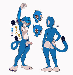 anthro bald_ass ball_tuft balls barcode blue_body blue_fur blue_hair blue_nails butt colored_nails curling_tail ear_piercing ear_ring erection eyebrows facial_hair fur genitals glans glistening glistening_body glistening_butt goatee hair hair_over_eyes hand_on_hip light looking_at_viewer looking_back male nails navel nipples nude number penis piercing pubes raised_arms ring_piercing side_view simple_background skull_accessory solo stretching tail text tuft owy ooky_(character) haplorhine mammal monkey primate absurd_res english_text hi_res lighting