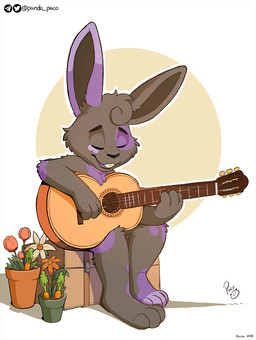 acoustic_guitar anthro arm_tuft black_nose carrot cheek_tuft chest_tuft elbow_tuft eyes_closed facial_tuft flower food front_view fur grey_body grey_fur guitar knee_tuft leg_tuft logo male markings musical_instrument nude open_mouth plant plant_pot playing_guitar playing_music plucked_string_instrument potted_plant purple_markings purple_tongue simple_background sitting solo string_instrument tongue tuft vegetable young young_anthro young_male pandapaco lagomorph leporid mammal rabbit 2025 artist_logo dated hi_res signature