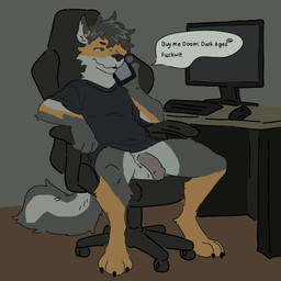 anthro bottomless chair clothed clothing flaccid furniture genitals humanoid_genitalia humanoid_penis insult insult_of_endearment male penis phone_call profanity solo text sparkszzz doom_(series) doom_the_dark_ages id_software microsoft tom_fucks_a_retarded_child tom_(tom_fucks_a_retarded_child) canid canine fox hybrid mammal mephitid skunk 1:1 english_text hi_res
