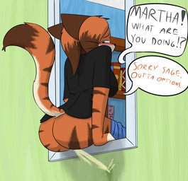 anthro bodily_fluids book bookshelf bottomwear bottomwear_down butt clothed clothing female female_peeing furniture genital_fluids green_eyes hair omorashi pants pants_down partially_clothed peeing public public_exposure public_indecency public_urination shirt solo t-shirt text topwear urine watersports notmypornaccount martha_(notmypornaccount) sage_(notmypornaccount) felid feline mammal pantherine 2025 absurd_res english_text hi_res