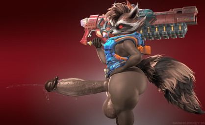 5_fingers anthro balls big_balls big_butt big_penis black_nose blue_clothing blue_topwear blue_vest bodily_fluids bottomless bottomless_anthro bottomless_male brown_body brown_fur brown_hair brown_stripes butt circumcised clothed clothing ear_piercing ear_ring erection fingers fur genital_fluids genitals hair hand_on_hip holding_object holding_weapon huge_penis humanoid_genitalia humanoid_penis leaking_precum male markings mohawk penis piercing precum precum_squirt red_background red_eyes ring_piercing side_view simple_background solo striped_markings striped_tail stripes tail tail_markings thick_thighs topwear vest weapon whiskers darwinthejockey guardians_of_the_galaxy marvel marvel_rivals rocket_raccoon mammal procyonid raccoon 2026 3d_(artwork) absurd_res digital_media_(artwork) english_description hi_res