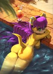 accessory anthro bangs beverage breasts butt cherry container countershade_face countershading crooked_tail cup drinking_glass ear_piercing ear_ring eyelashes female food fruit fur glass glass_container glass_cup green_eyes hair hair_accessory hairband lemon looking_at_viewer looking_back looking_back_at_viewer nude on_hind_legs partially_submerged piercing plant purple_hair resting_on_arms ring_piercing side_boob smile solo straight_bangs swimming_pool tail tan_body tan_countershading tan_fur tan_inner_ear water wet wet_body wet_hair drxsmokey archie_comics sega sonic_the_hedgehog_(archie) sonic_the_hedgehog_(comics) sonic_the_hedgehog_(series) mina_mongoose herpestid mammal mongoose hi_res