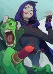 5_fingers angry anthro belt big_breasts black_clothing black_leotard breasts cape clenched_teeth clothed clothed_anthro clothed_female clothing duo eyebrows female female_humanoid feral fingernails fingers forehead_gem fur gem green_body green_fur green_skin grey_body grey_skin hair head_grab holding_lipstick hood_up hooded_cape leotard lipstick logo long_sleeves looking_down low-angle_view makeup male male_feral nails navel_outline open_mouth pink_tongue pupils purple_cape purple_clothing purple_eyebrows purple_eyes purple_gem purple_hair red_lipstick teeth tongue vein matchattea cartoon_network dc_comics teen_titans teen_titans_(television_series) beast_boy raven_(dc) haplorhine humanoid mammal monkey primate 2025 artist_logo dated