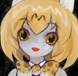 black_background blonde_hair blood blood_from_mouth blood_in_mouth bob_cut bodily_fluids bow_tie clothing eyebrow_through_hair eyebrows fangs female hair inner_ear_fluff looking_at_viewer open_mouth pupils shirt short_hair simple_background solo spotted_bow spotted_bow_tie teeth topwear translucent translucent_hair tuft white_body white_skin yellow_eyes yogurt200 kemono_friends serval-chan animal_humanoid felid felid_humanoid feline feline_humanoid humanoid mammal mammal_humanoid serval_humanoid
