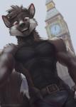 abs anthro belt big_ben black_body black_fur black_hair black_scales bottomwear brown_eyes clock clock_tower clothed clothing denim denim_bottomwear denim_clothing detailed_background eyebrows fur gothic_architecture grey_body grey_fur grin hair jeans london looking_at_viewer looking_down male multicolored_body multicolored_fur muscular muscular_anthro muscular_male navel outside pants pecs scales selfie smile solo standing teeth topless koul mythology gaymingwolfy canid canine canis dragon hybrid mammal mythological_creature mythological_scalie scalie wolf 2018 digital_media_(artwork) half-length_portrait portrait