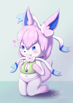 anthro anthrofied blue_eyes blush breast_squish breasts chibi clothing female fur heart_symbol kneeling panties pink_body pink_fur pokemorph ribbons simple_background simple_eyes smile solo squish sweater tongue tongue_out topwear underwear syst nintendo pokemon eeveelution generation_6_pokemon pokemon_(species) sylveon 2020 absurd_res digital_media_(artwork) hi_res