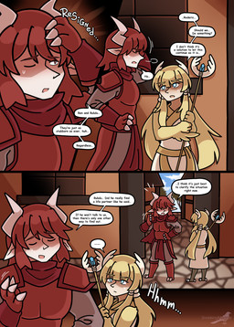 blonde_hair blue_eyes clawed_hands clothed clothing dialogue female hair head_wings horn male monster_girl_(genre) outside red_eyes red_hair simple_background text unusual_wing_placement wings shriekingmagpie horned_humanoid humanoid winged_humanoid comic digital_media_(artwork) english_text hi_res