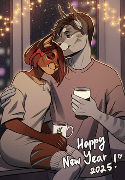 accessory anthro blue_markings bow_ribbon brown_body brown_clothing brown_fur brown_hair brown_topwear closed_smile clothed clothing container cup detailed_background duo eyes_closed female fur green_eyes grey_body grey_fur hair hair_accessory hair_bow hair_ribbon holding_container holding_cup holding_object inside jewelry male markings mouth_closed necklace ribbons short_hair sitting smile string_lights tan_body tan_fur topwear white_clothing white_topwear marie_merkh marie_(marie_merkh) felid mammal absurd_res hi_res