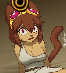 anthro biped breasts brown_body brown_eyebrows brown_fur brown_hair button_prompt circle_button cleavage clothed clothed_anthro clothed_female clothing eyebrows eyewear eyewear_on_head female female_anthro fur gameplay_mechanics goggles goggles_on_head hair pink_eyes scared snout solo tan_body tan_fur whiskers wide_eyed gabbslines circle_prompt_(god_of_war) european_mythology gameoverse glitch_productions god_of_war greek_mythology mythology playstation sony_corporation sony_interactive_entertainment kit_bodega domestic_cat felid feline felis mammal crossover hi_res meme