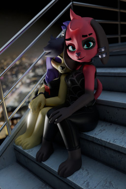 band_shirt black_paws blue_eyes city cityscape clothed clothing collar ear_piercing eyebrow_slit eyebrows eyeshadow female female/female floppy_ears hair looking_at_viewer makeup night outside piercing purple_hair red_body rooftop shirt sitting sleeping smile smiling_at_viewer tank_top topwear fever-dreamer highwizard_(modeler) animal_crossing nintendo cherry_(animal_crossing) gothabelle isabelle_(animal_crossing) canid canine canis domestic_dog mammal 2:3 3d_(artwork) absurd_res digital_media_(artwork) hi_res