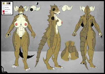 anthro anus big_breasts breasts claws female genitals huge_breasts nipples non-mammal_breasts nude simple_background solo standing vulva dnp101 fallout microsoft deathclaw scalie 2018 digital_media_(artwork) model_sheet