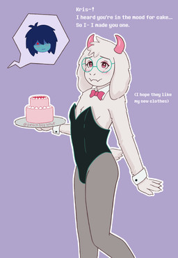 anthro blush bow_(feature) bow_tie bunny_costume cake clothing costume dessert eyewear femboy food fur glasses horn legwear leotard male pantyhose playboy_outfit speech_bubble text wearing_glasses white_body white_fur peachboysmut deltarune undertale_(series) kris_dreemurr ralsei bovid caprine darkner goat human mammal english_text hi_res nonbinary_(lore)