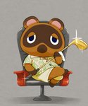 anthro blue_eyes bottomwear brown_body brown_fur clothing fur gold_(metal) golf_club shirt shorts simple_background sitting slightly_chubby solo topwear magictukai_aaaa animal_crossing nintendo tom_nook_(animal_crossing) canid canine mammal raccoon_dog tanuki 2020 absurd_res hi_res