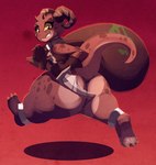 ankle_cuffs anthro bag big_butt brown_body butt clothing cuff_(restraint) female gloves handwear holding_bag holding_knife holding_object horn huge_butt huge_thighs knife looking_at_viewer looking_back restraints running smile solo thick_thighs wide_hips riendonut piko_(simplifypm) kobold scalie 2018 absurd_res hi_res