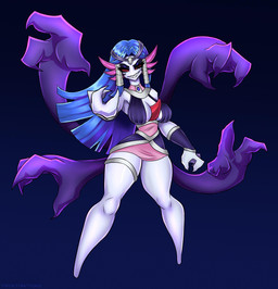 accessory alternative_fashion big_breasts blue_hair breasts claws clothing collar cuffs_(clothing) egyptian egyptian_clothing extra_limbs eyeshadow female ge goth hair headband jewelry legband legwear lingerie long_hair makeup markings medallion metal punk purple_arms purple_background purple_body purple_clothing red_eyes simple_background smile smiling_at_viewer solo topwear white_body wide_hips twistingtoxic nintendo pokemon sada_(nickzilla) cofagrigus gardevoir generation_3_pokemon generation_5_pokemon humanoid hybrid pokemon_(species) 2023 hi_res