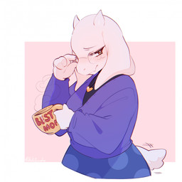 anthro brown_eyes clothed clothing container cup eyelashes eyewear female female_anthro floppy_ears fur glasses holding_container holding_cup holding_mug holding_object horn mouth_closed mug round_glasses simple_background solo steam white_body white_fur white_horn sonyan undertale_(series) toriel bovid caprine goat mammal half-length_portrait hi_res portrait