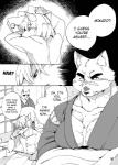 anthro asian_clothing clothing dialogue duo east_asian_clothing fur japanese japanese_clothing kemono kimono male muscular pecs text 1boshi canid canine fox mammal comic english_text greyscale hi_res monochrome