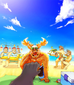 anthro antlers beach clothing group hand_holding horn inflatable male male/male one_eye_closed pool_float seaside speedo summer swimwear wink gnj97 lifewonders tokyo_afterschool_summoners ded_(tas) krampus_(tas) yule_(tas) deer human mammal new_world_deer reindeer hi_res